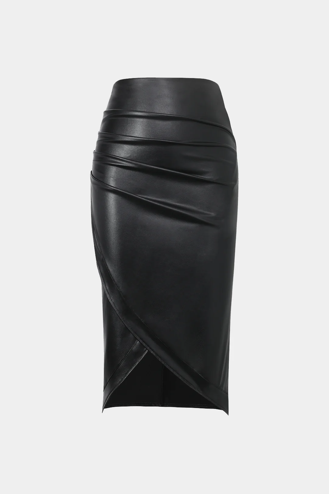 Faux Leather Wrap Ruched Midi Skirt - Image 11