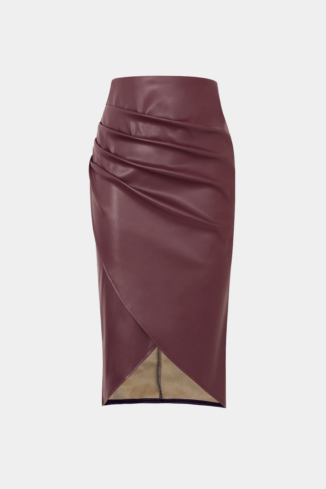 Faux Leather Wrap Ruched Midi Skirt - Image 5