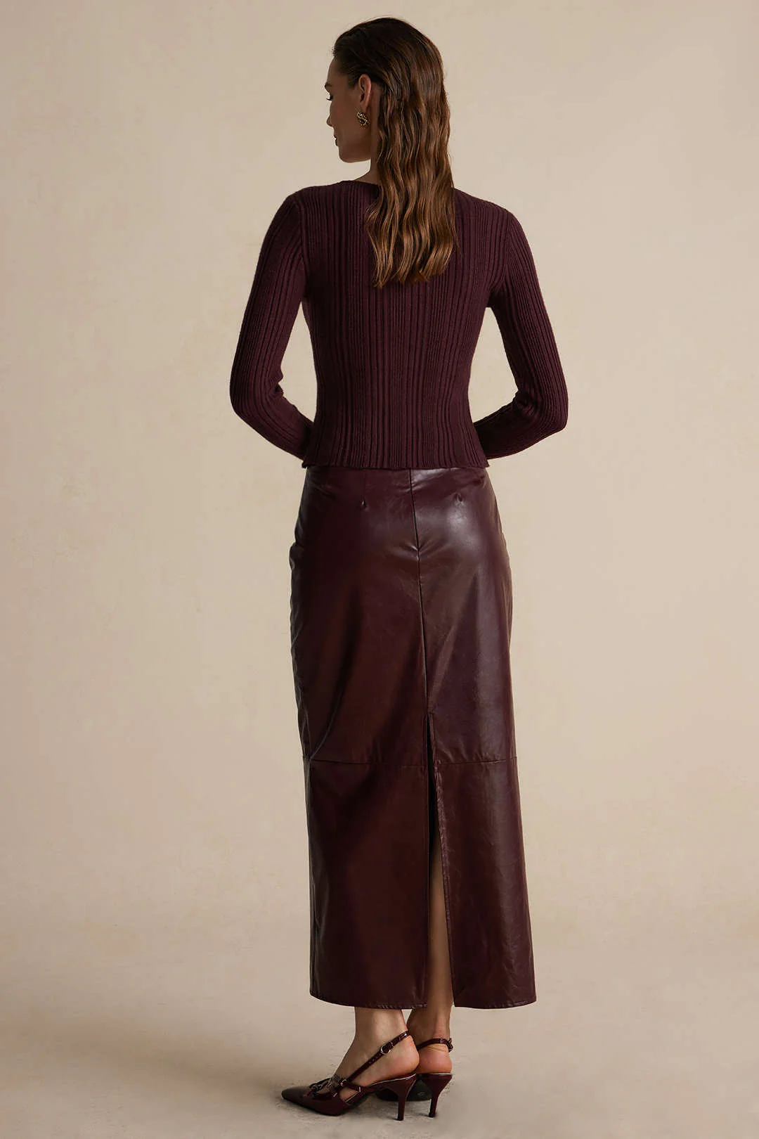 Basic Solid Faux Leather Midi Skirt - Image 4