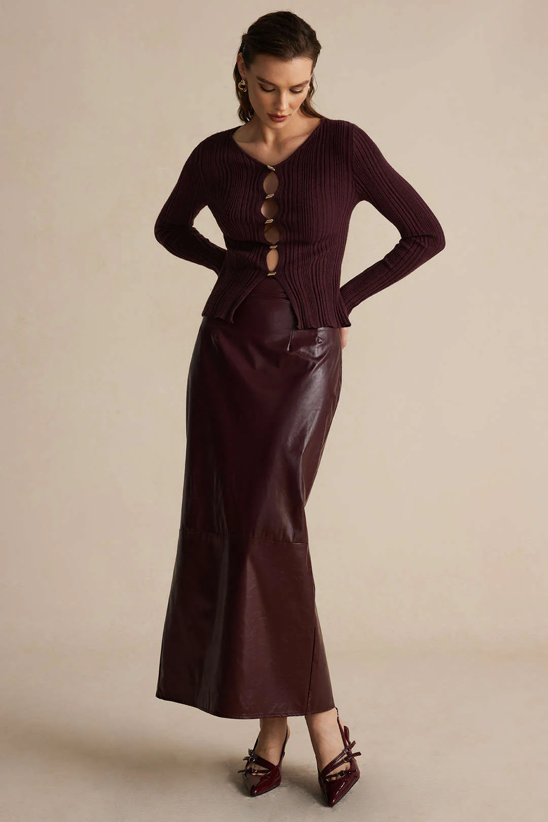 Basic Solid Faux Leather Midi Skirt - Image 5