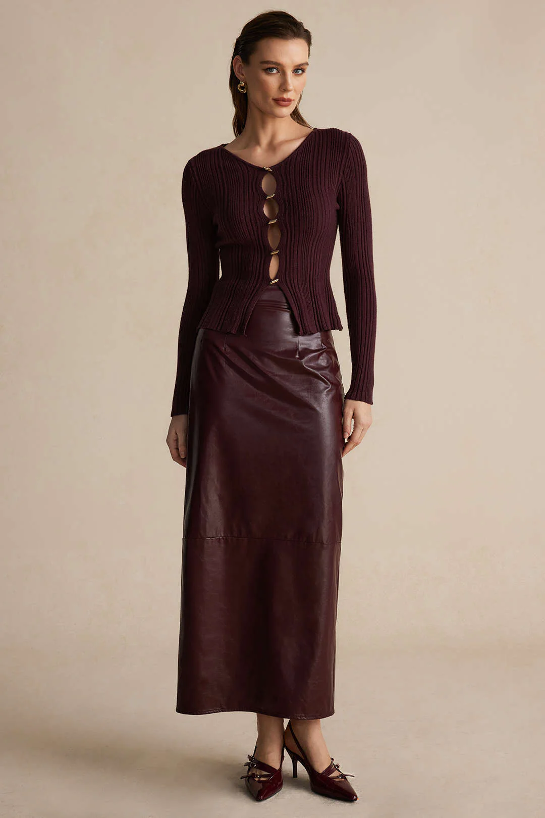 Basic Solid Faux Leather Midi Skirt - Image 7