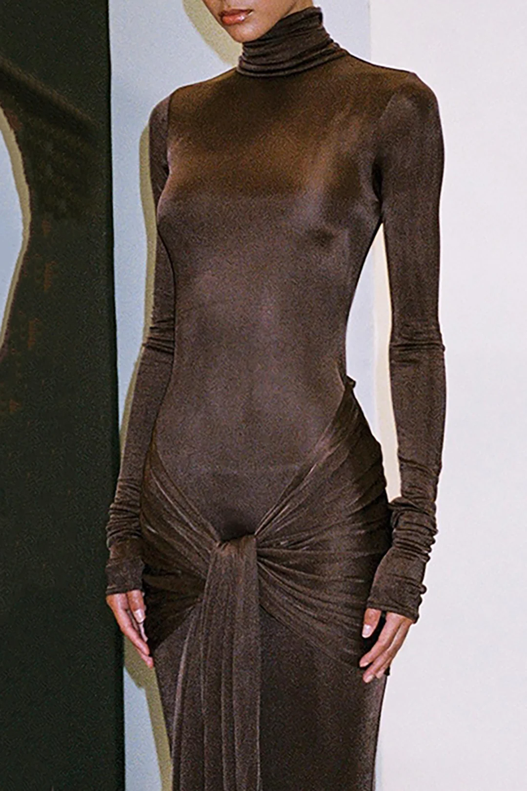 Wrap Ruched High Neck Long Sleeve Maxi Dress - Image 15