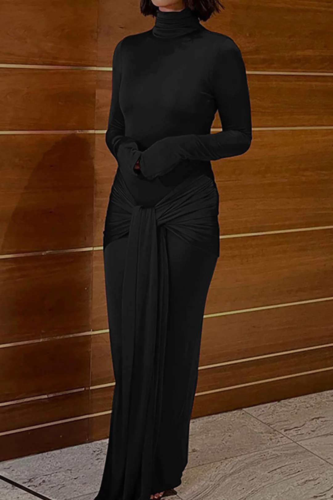 Wrap Ruched High Neck Long Sleeve Maxi Dress - Image 17