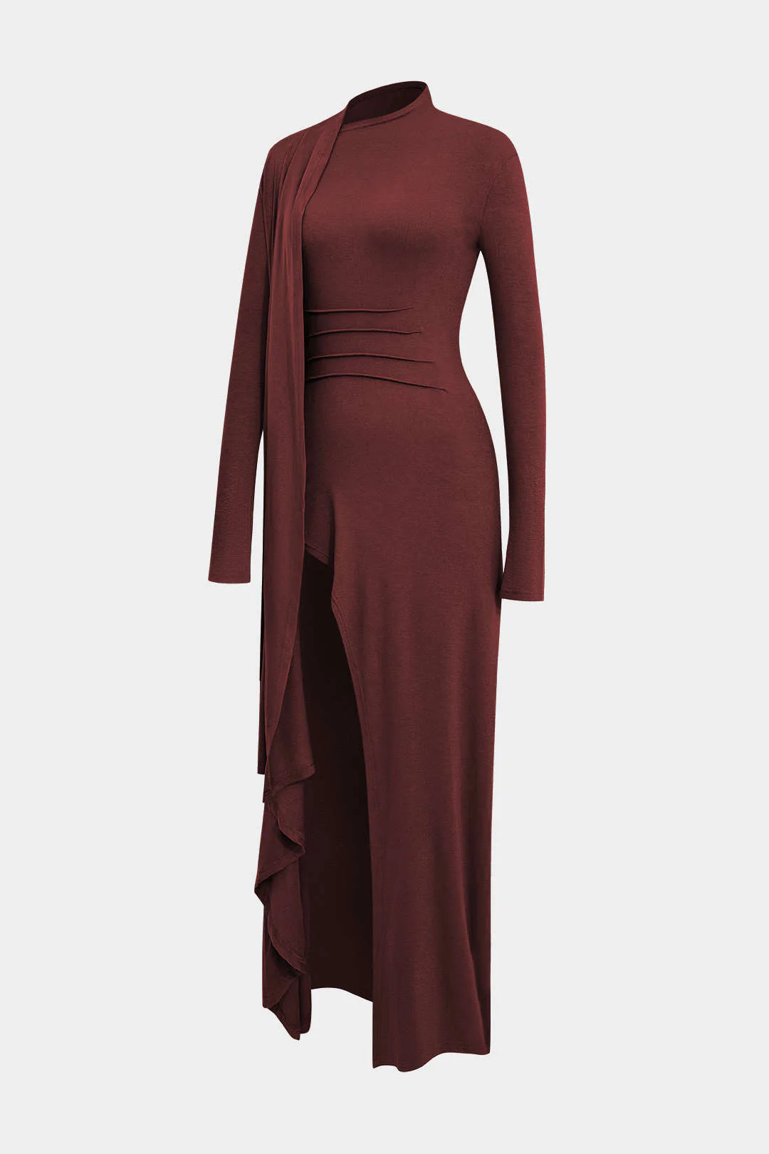 Mock Neck Wrap Ruched Long Sleeve Slit Maxi Dress - Image 10