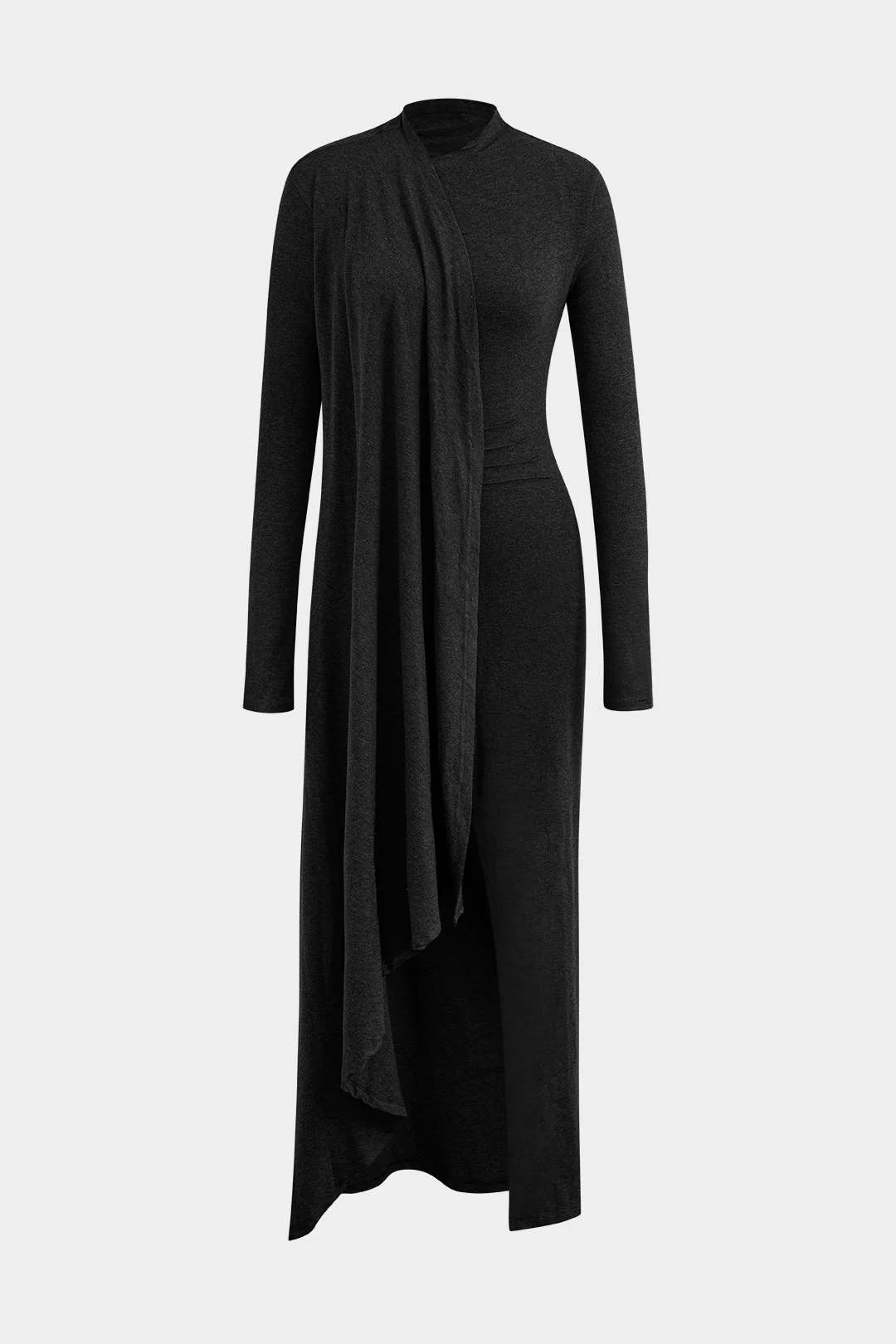 Mock Neck Wrap Ruched Long Sleeve Slit Maxi Dress - Image 13