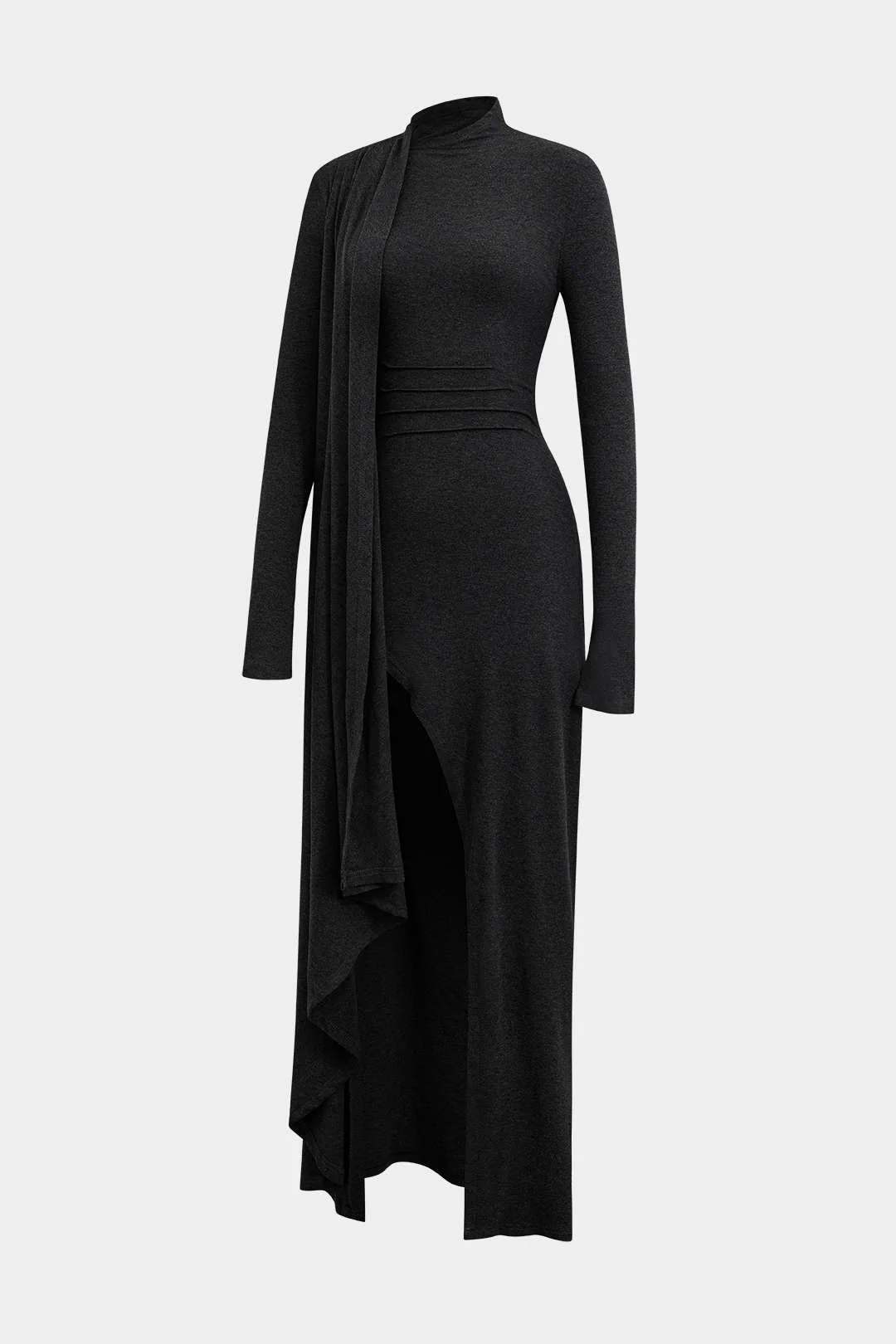 Mock Neck Wrap Ruched Long Sleeve Slit Maxi Dress - Image 14