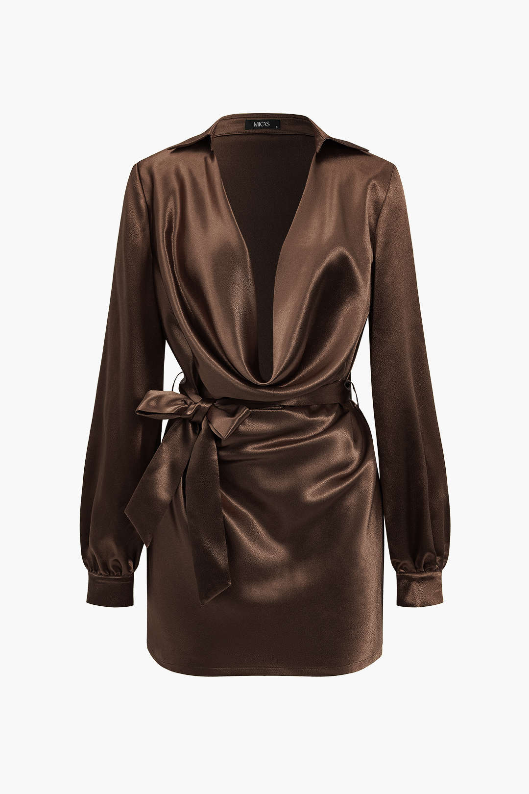 Solid Tie Front Draped Cowl Neck Belted Mini Dress - Image 6