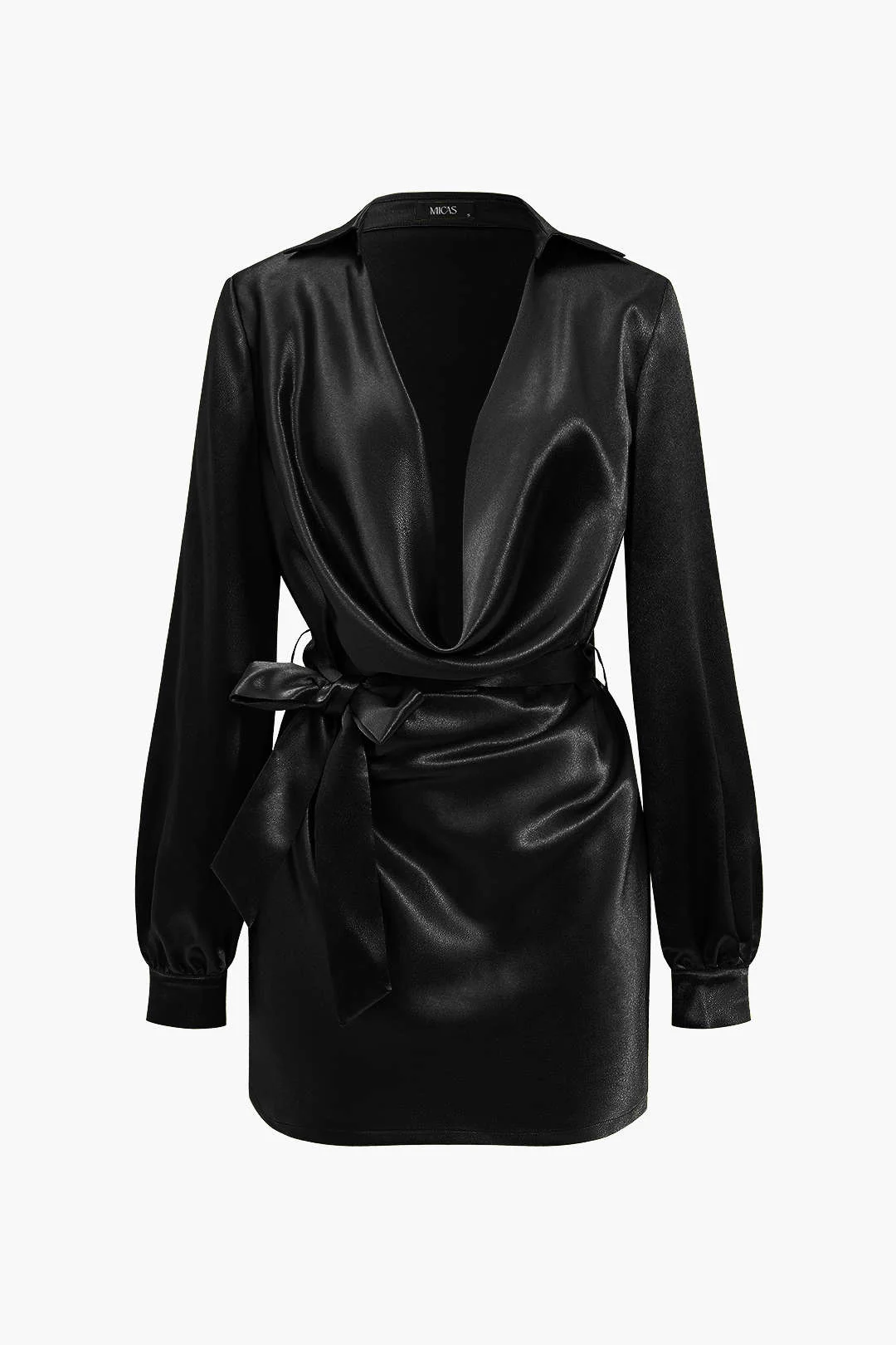 Solid Tie Front Draped Cowl Neck Belted Mini Dress - Image 8