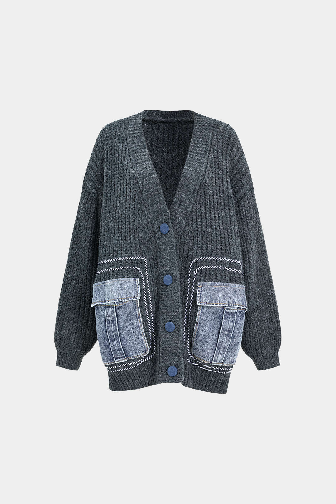 Denim Patchwork Button Pocket Sweater Cardigan - Image 5
